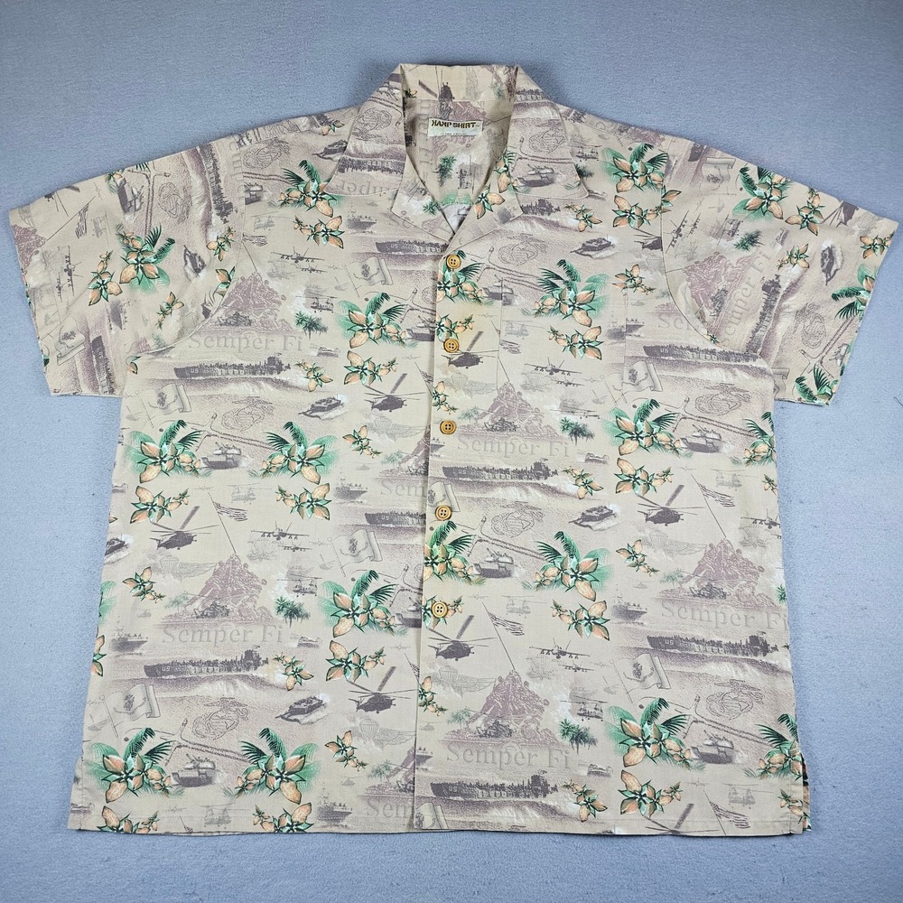Vintage USMC Kamp Hawaiian Shirt Mens XL Beige Floral Submarines Aircrafts AOP